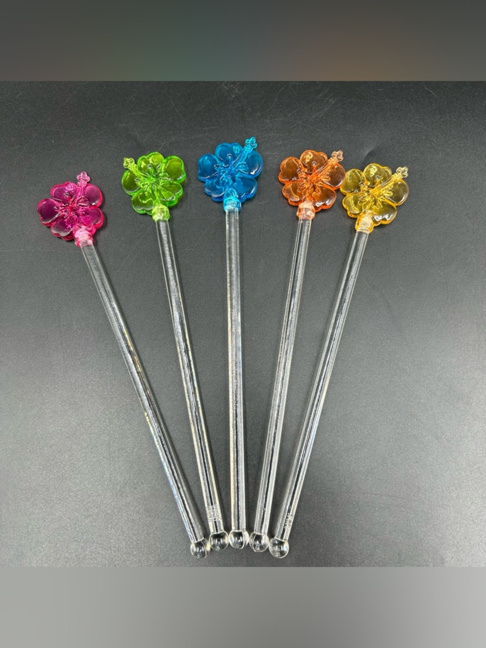 Vintage Plastic Hibiscus Drink Stirrers Swizzle Sticks Set 5 Taiwan Bar